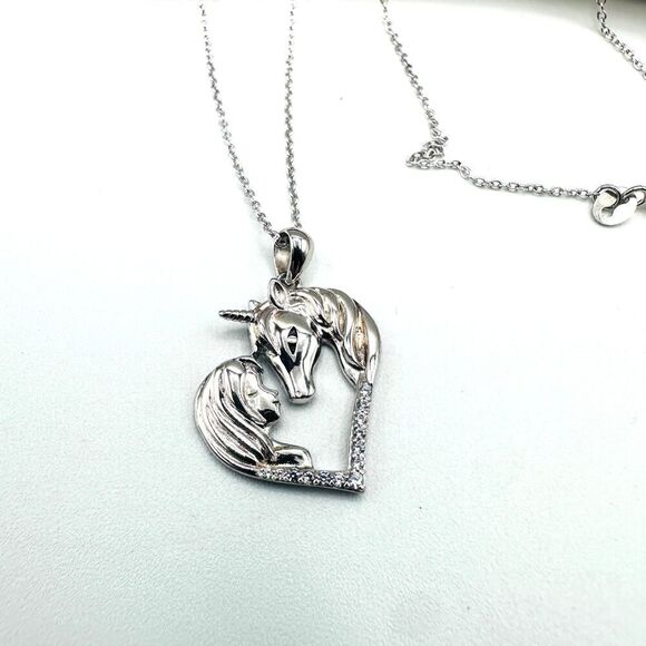 Horse With Girl & Heart CZ Sterling Silver Necklace - Picture 5 of 7